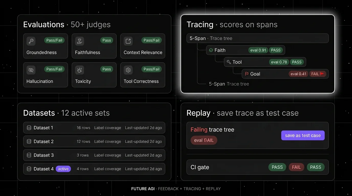 Future AGI four-panel dark product showcase that demonstrates feedback functions, tracing, datasets, and replay in one stack. Top-left: Feedback function library showing 50+ judges with Groundedness, Faithfulness, Context Relevance, Hallucination, Toxicity, Tool Correctness pills. Top-right (focal halo): Span-attached scoring view with a 5-span trace tree and eval score badges on three of the spans. Bottom-left: Datasets card showing 12 active datasets with row counts and last-updated timestamps. Bottom-right: Replay card showing one-click "save as test case" on a failing trace plus a small CI gate strip below.