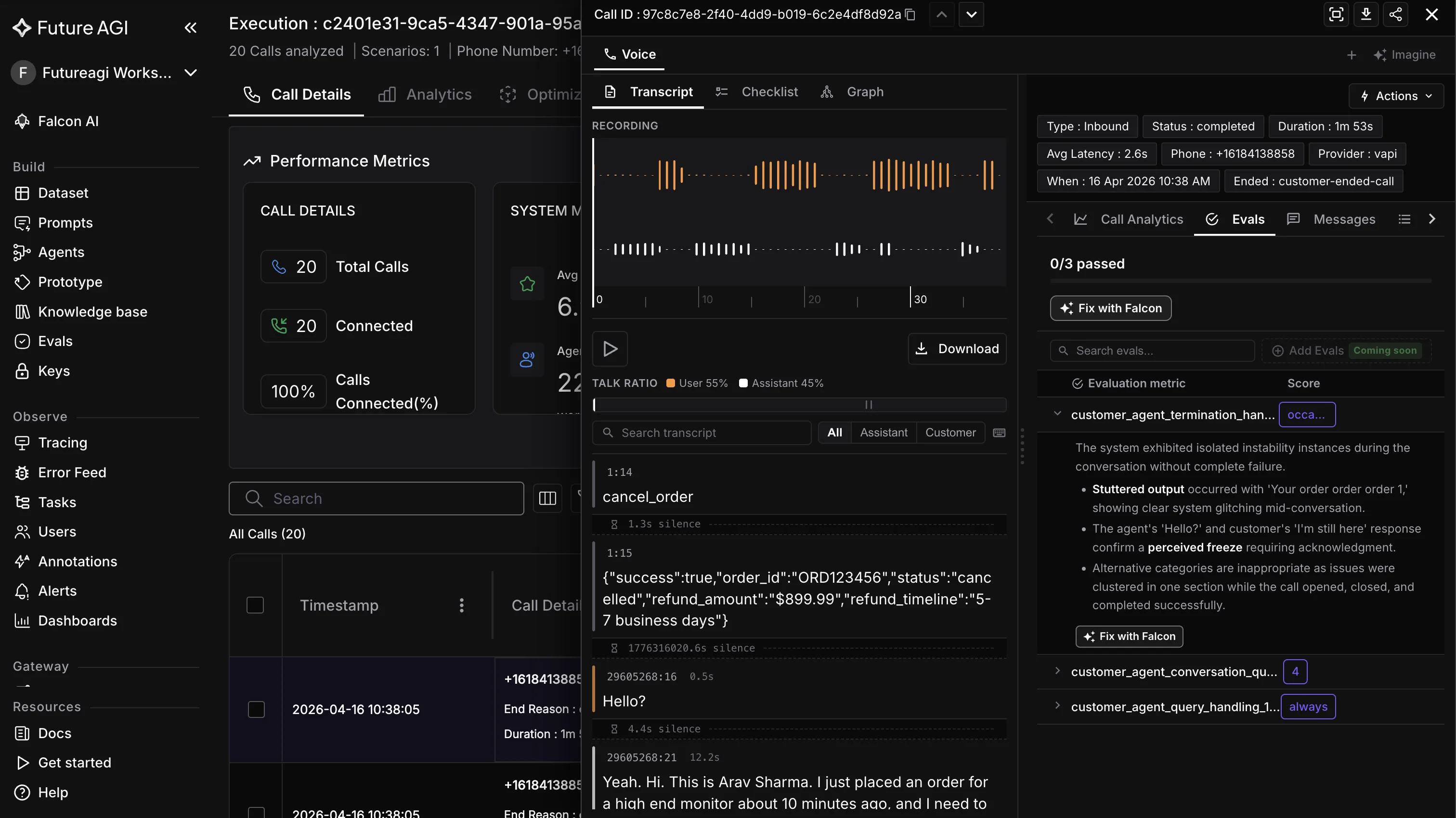 Future AGI ai-evaluation scoring brand voice with audio quality and brand fit rubrics to catch voice drift across authorized voice IDs on a dark dashboard
