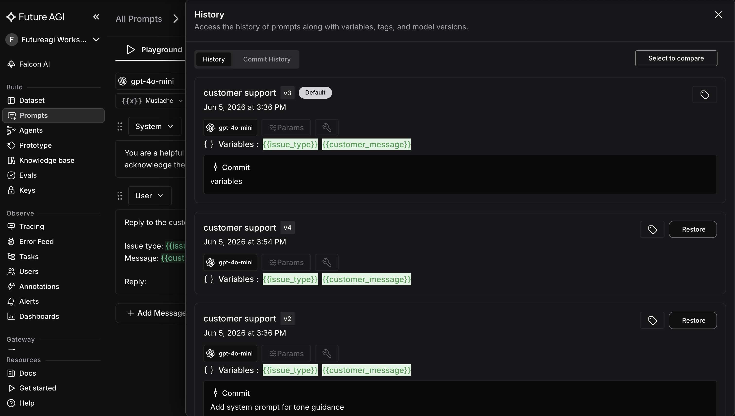 Future AGI prompt history panel on a dark dashboard showing customer support prompt versions v2 v3 and v4 with commit messages and model versions for tracking prompt changes over time