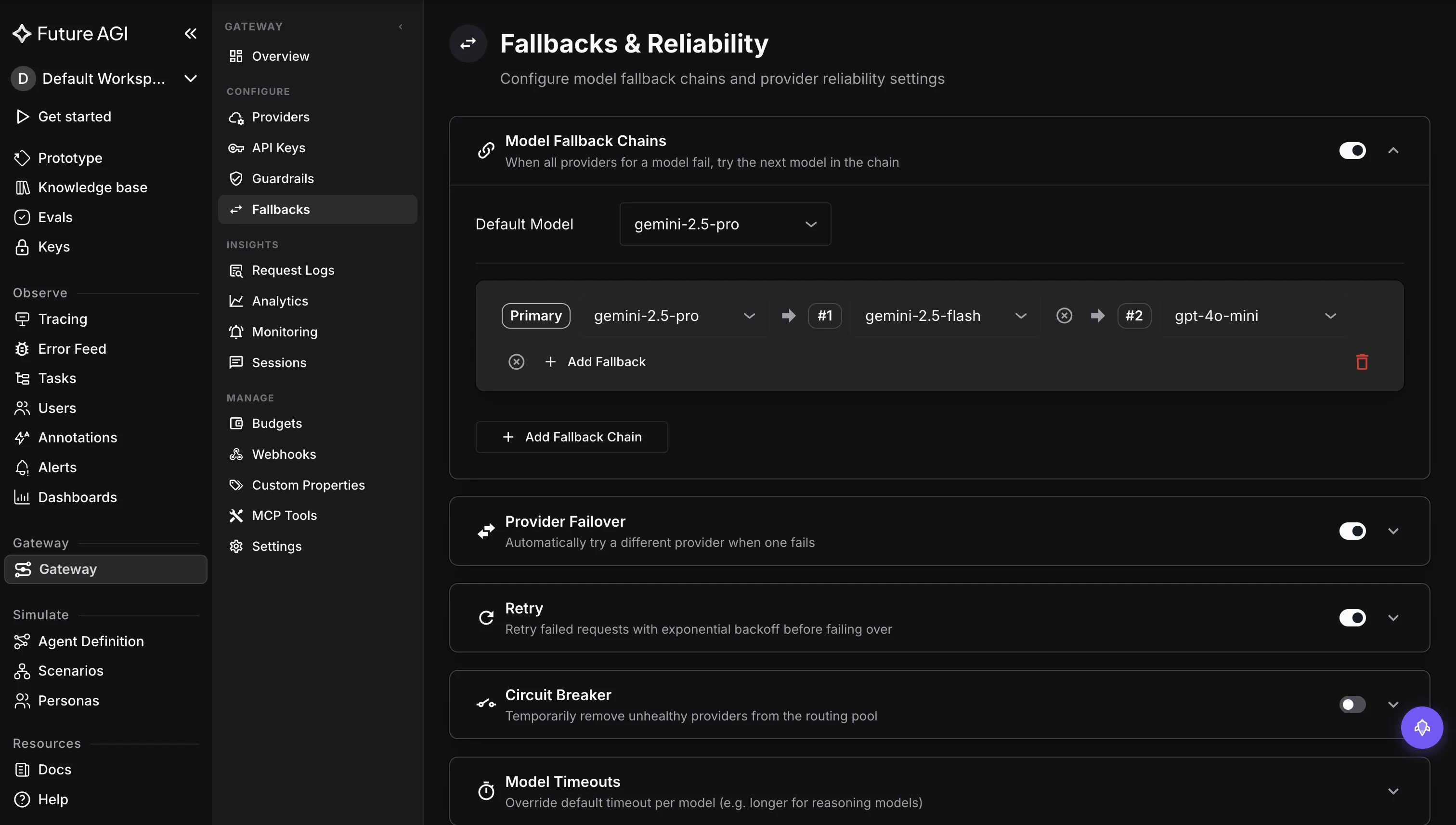 Future AGI Agent Command Center fallback configuration showing the provider fallback chain, failover trigger conditions and health check settings on a dark background
